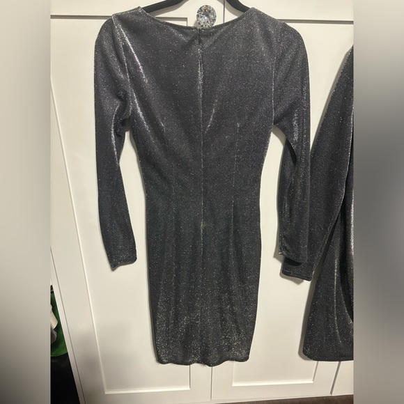 Long-Sleeve Silver Sparkle Knit Ruched Sheath Dress New - size 2, and 8 Avail. - Picture 3 of 10
